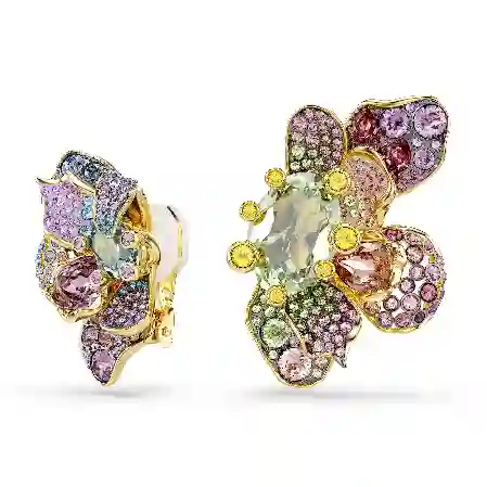 Resim Idyllia Klipsli Küpeler, Asimetrik tasarım, Karışık kesimler, Pavé, Çiçek, Çok renkli, Altın rengi kaplama