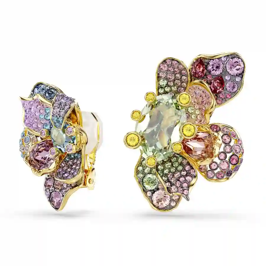 Resim Idyllia Klipsli Küpeler, Asimetrik tasarım, Karışık kesimler, Pavé, Çiçek, Çok renkli, Altın rengi kaplama