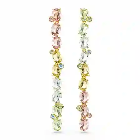 Resim Gema damla küpeler, Asimetrik tasarım, Karışık kesimler, Uzun, Çok renkli, Altın rengi kaplama