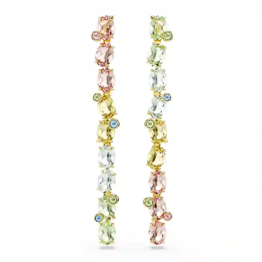 Resim Gema damla küpeler, Asimetrik tasarım, Karışık kesimler, Uzun, Çok renkli, Altın rengi kaplama