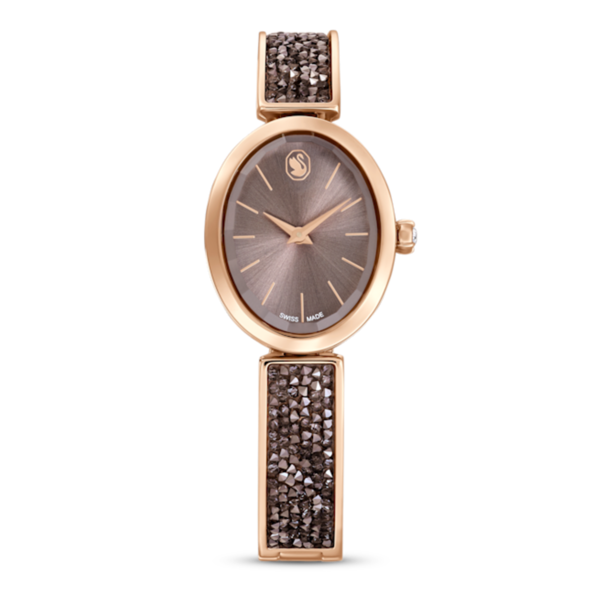 Resim Crystal Rock Oval Saat, İsviçre Üretimi, Kristal bileklik, Gri, Pembe altın rengi yüzey