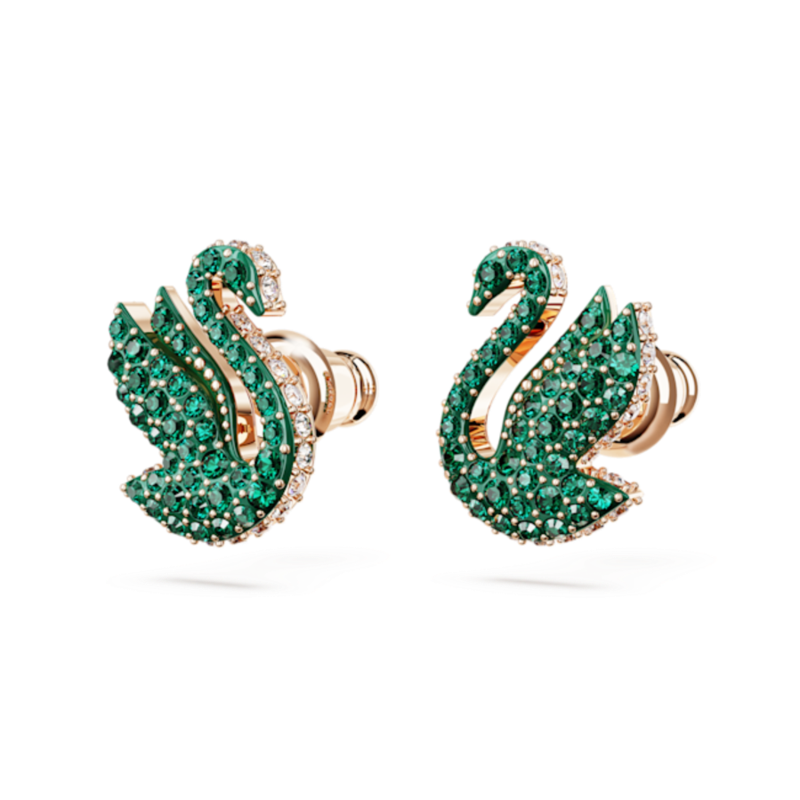 Resim Swan düğme Küpeler, Kuğu, Yeşil, Pembe altın rengi kaplama