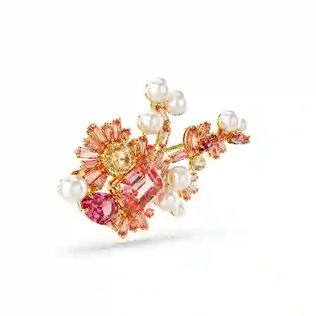 Resim Gema Broş, Kristal inci, Karışık kesimler, Çiçek, Pembe, Altın rengi kaplama