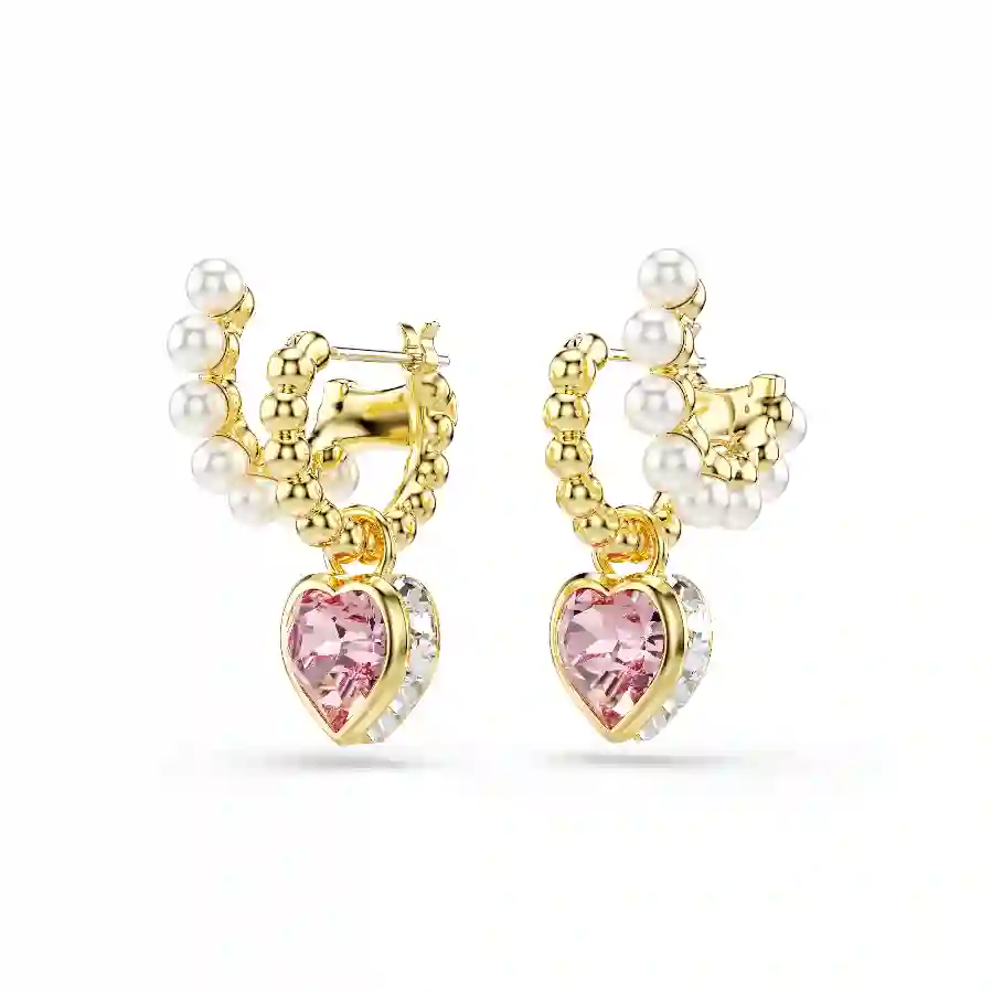 Resim Imber halka küpeler, Kristal inci, Kalp kesim, Kalp, Pembe, Altın rengi kaplama
