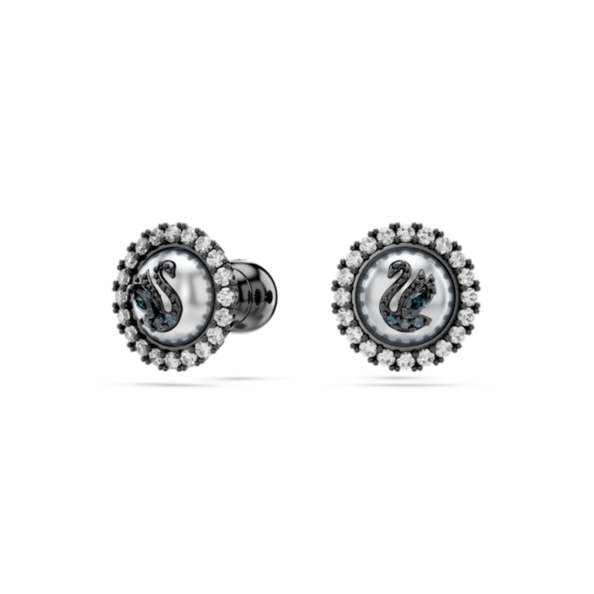 Resim Swarovski Swan düğme Küpeler, Kristal inci, Kuğu, Gri, Rutenyum kaplama