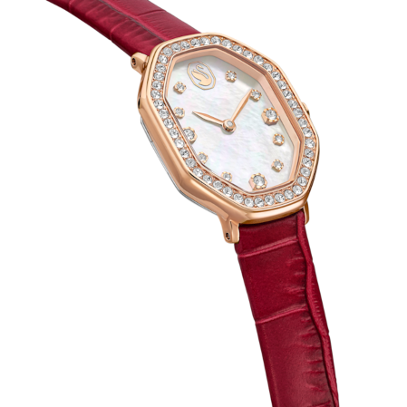 Resim Dextera Octagon Saat, İsviçre Üretimi, Deri kayış, Kırmızı, Pembe altın rengi yüzey
