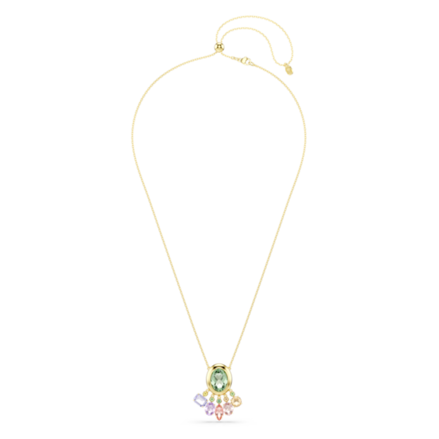 Resim Gema Kolye, Karışık kesimler, Sallantılı kristaller, Çok renkli, Altın rengi kaplama