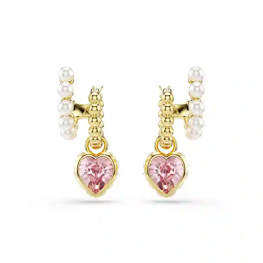 Resim Imber halka küpeler, Kristal inci, Kalp kesim, Kalp, Pembe, Altın rengi kaplama