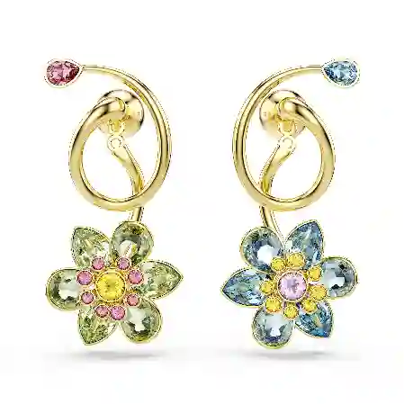 Resim Idyllia damla küpeler, Asimetrik tasarım, Karışık kesimler, Çiçek, Çok renkli, Altın rengi kaplama