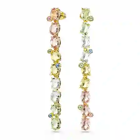 Resim Gema damla küpeler, Asimetrik tasarım, Karışık kesimler, Uzun, Çok renkli, Altın rengi kaplama