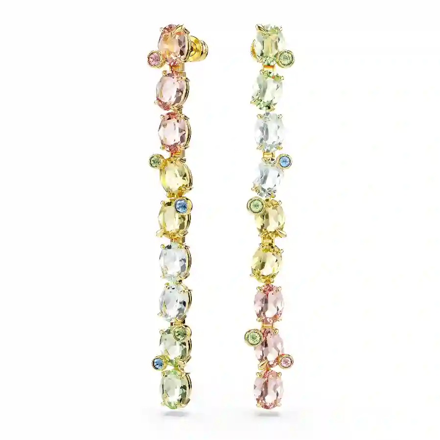 Resim Gema damla küpeler, Asimetrik tasarım, Karışık kesimler, Uzun, Çok renkli, Altın rengi kaplama