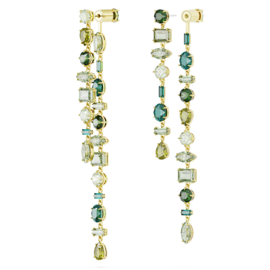 Resim Gema damla küpeler, Asimetrik tasarım, Karışık kesimler, Ekstra uzun, Yeşil, Altın rengi kaplama