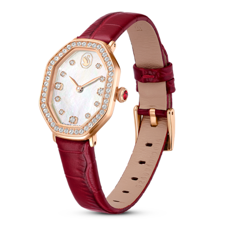 Resim Dextera Octagon Saat, İsviçre Üretimi, Deri kayış, Kırmızı, Pembe altın rengi yüzey
