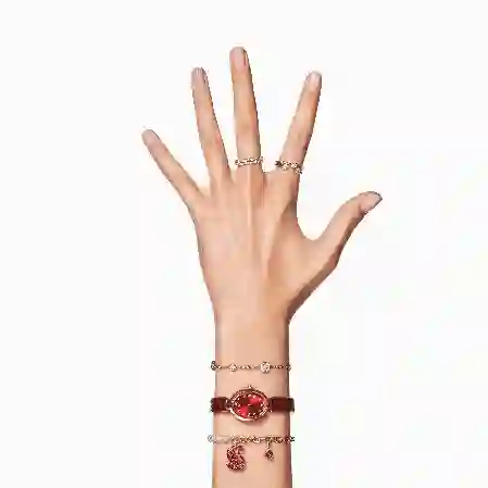 Resim Crystal Rock oval Saat, İsviçre Üretimi, Metal bileklik, Kırmızı, Pembe altın rengi yüzey