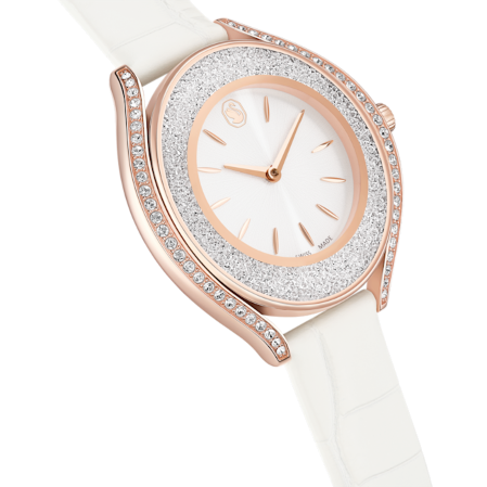 Resim Crystalline aura Saat, İsviçre Üretimi, Deri kayış, Beyaz, Pembe altın rengi yüzey