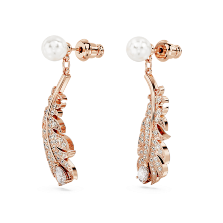 Resim Nice damla küpeler, Kristal inci, Karışık kesimler, Tüy, Beyaz, Pembe altın rengi kaplama