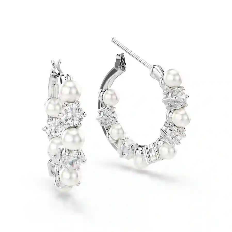 Resim Matrix halka küpeler, Kristal inci, Yuvarlak kesim, Beyaz, Rodyum kaplama