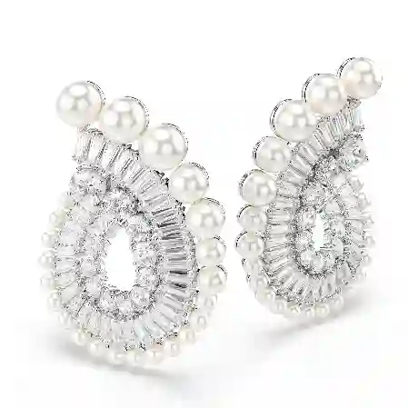 Resim Ariana Grande x Swarovski damla küpeler, Kristal inci, Karışık kesimler, Beyaz, Rodyum kaplama