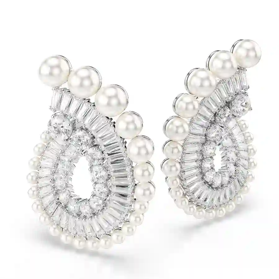 Resim Ariana Grande x Swarovski damla küpeler, Kristal inci, Karışık kesimler, Beyaz, Rodyum kaplama