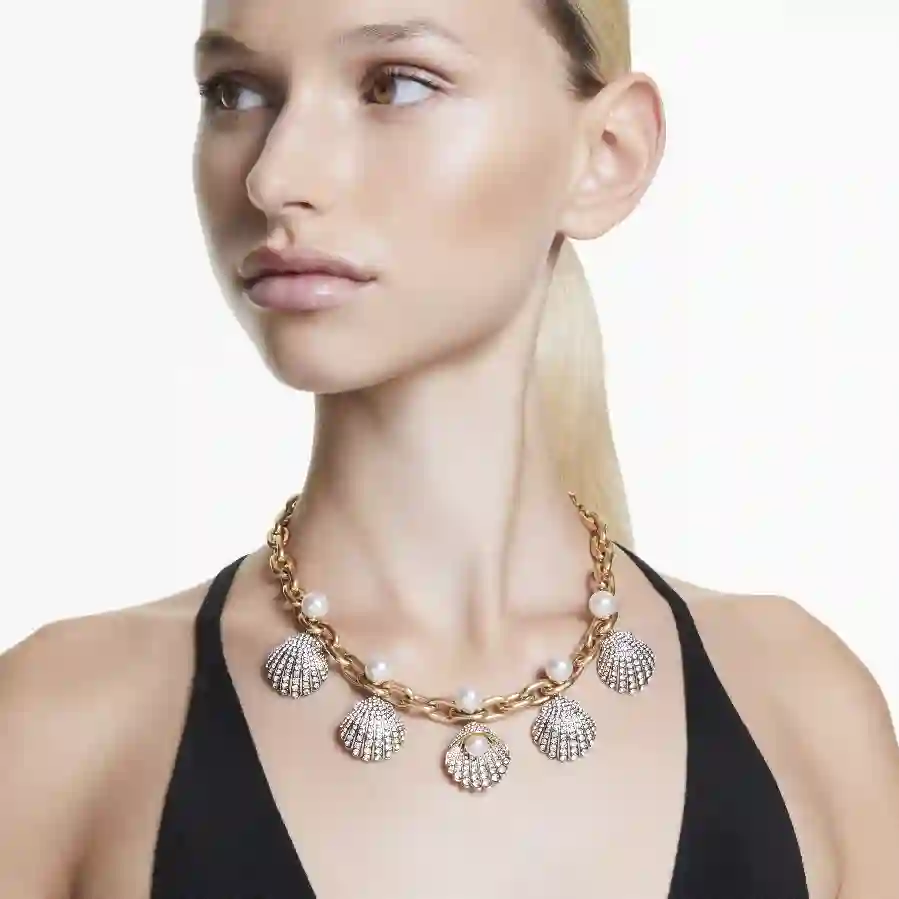 Resim Idyllia Kolye, Kristal inciler, Deniz Kabuğu, Beyaz, Altın rengi kaplama