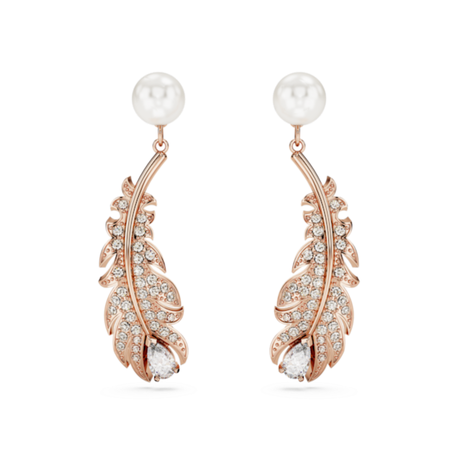 Resim Nice damla küpeler, Kristal inci, Karışık kesimler, Tüy, Beyaz, Pembe altın rengi kaplama