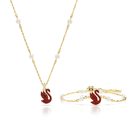 Resim Swarovski Iconic Swan Set, Kristal inci, Kuğu, Kırmızı, Altın rengi kaplama