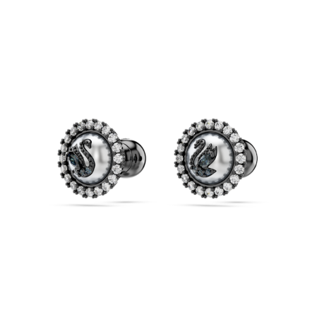 Resim Swarovski Swan düğme Küpeler, Kristal inci, Kuğu, Gri, Rutenyum kaplama