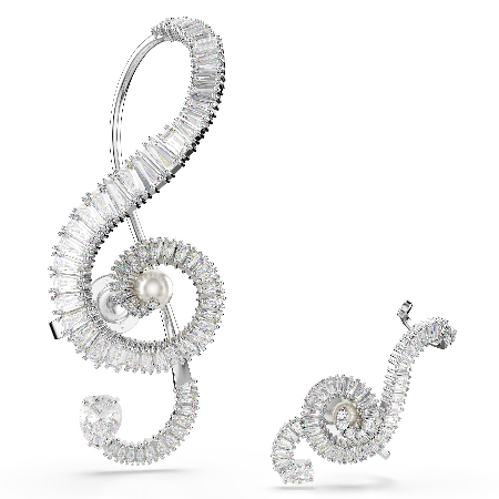 Resim Ariana Grande x Swarovski Klipsli Küpeler, Asimetrik tasarım, Kristal inci, Baget kesim, Beyaz, Rodyum kaplama