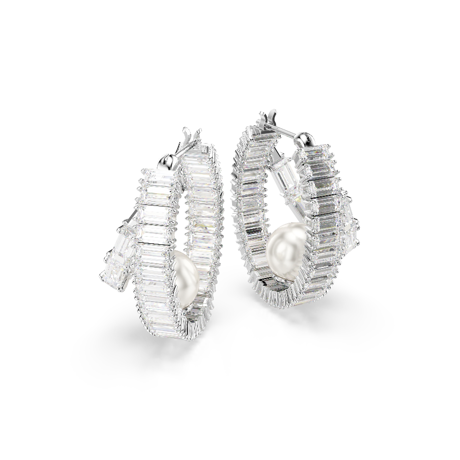 Resim Ariana Grande x Swarovski halka küpeler, Kristal inci, Baget kesim, Beyaz, Rodyum kaplama
