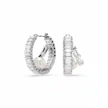 Resim Ariana Grande x Swarovski halka küpeler, Kristal inci, Baget kesim, Beyaz, Rodyum kaplama