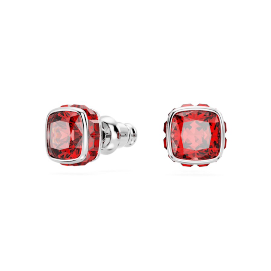 Resim Birthstone düğme Küpeler, Kare kesim, Temmuz, Kırmızı, Rodyum kaplama