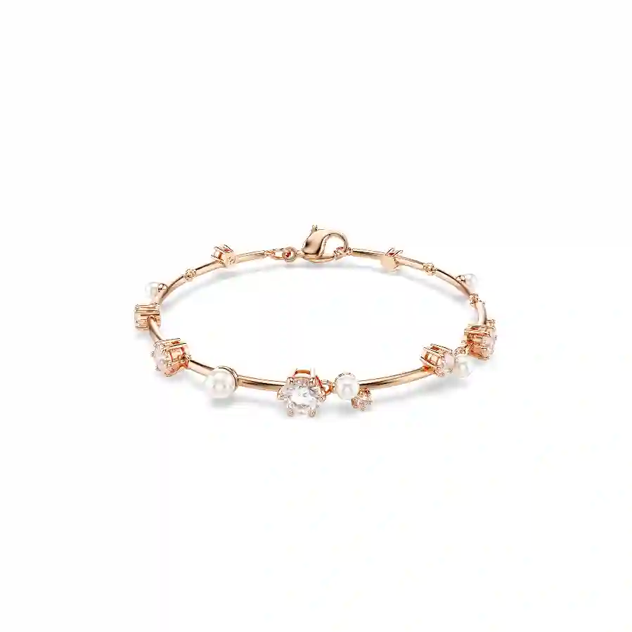 Resim Constella Tennis bileklik, Kristal inci, Yuvarlak kesimler, Beyaz, Pembe altın rengi kaplama