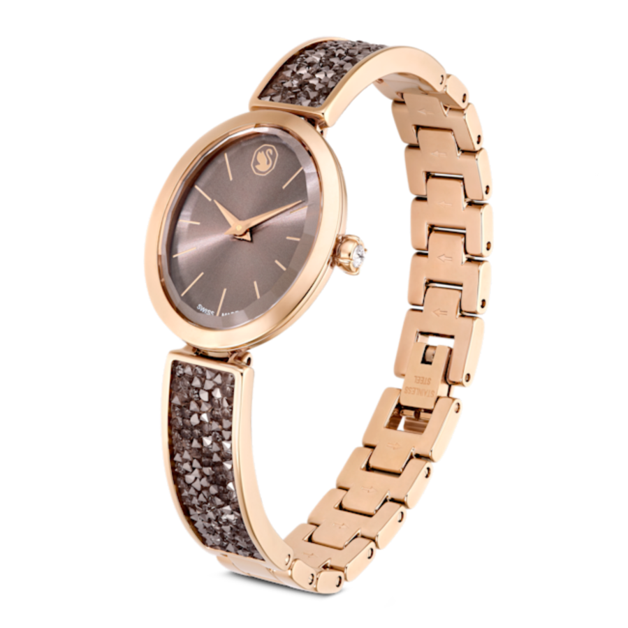 Resim Crystal Rock Oval Saat, İsviçre Üretimi, Kristal bileklik, Gri, Pembe altın rengi yüzey