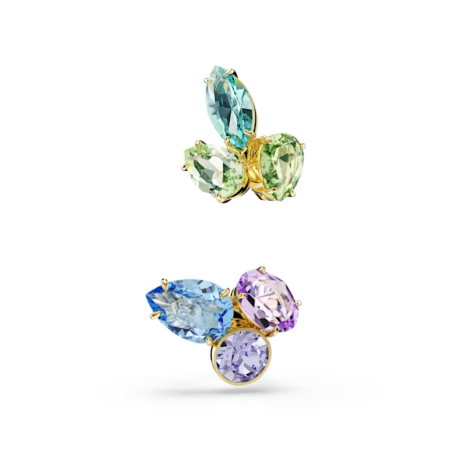 Resim Gema kelepçe küpe, Asimetrik tasarım, Karışık kesimler, Çok renkli, Altın rengi kaplama