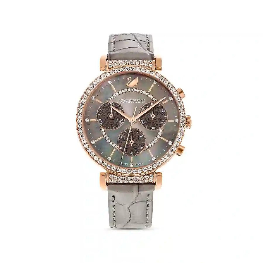 Resim Passage Chrono Saat, İsviçre Üretimi, Deri kayış, Gri, Pembe altın rengi yüzey