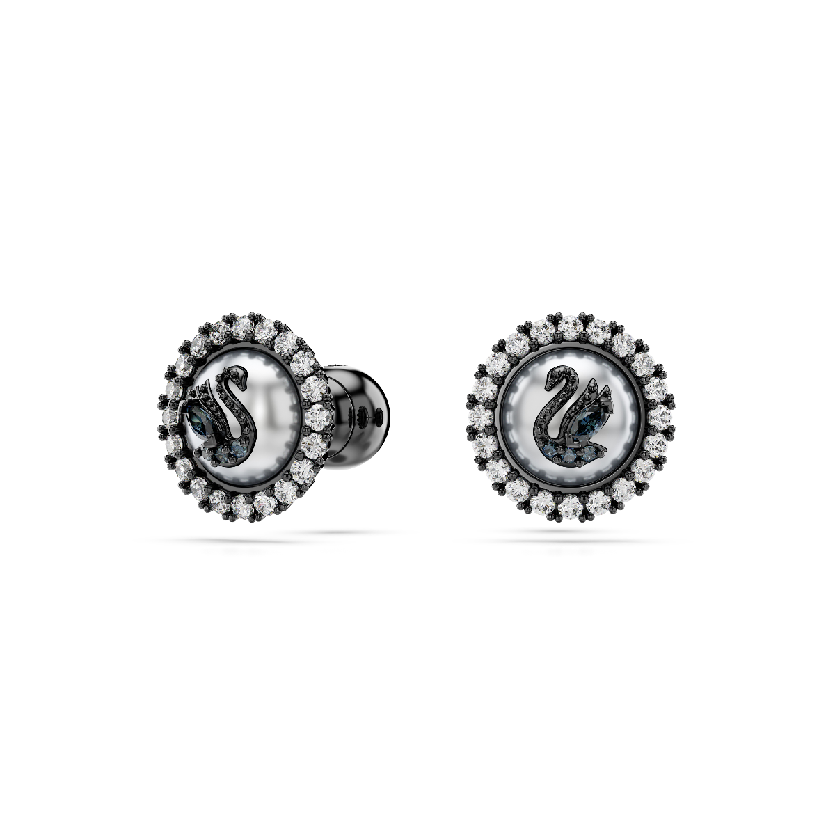 Resim Swarovski Swan düğme Küpeler, Kristal inci, Kuğu, Gri, Rutenyum kaplama