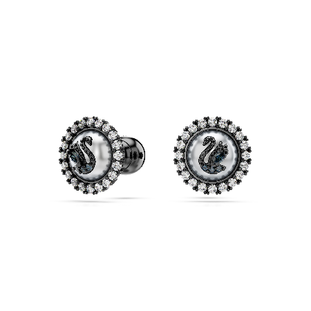 Resim Swarovski Swan düğme Küpeler, Kristal inci, Kuğu, Gri, Rutenyum kaplama