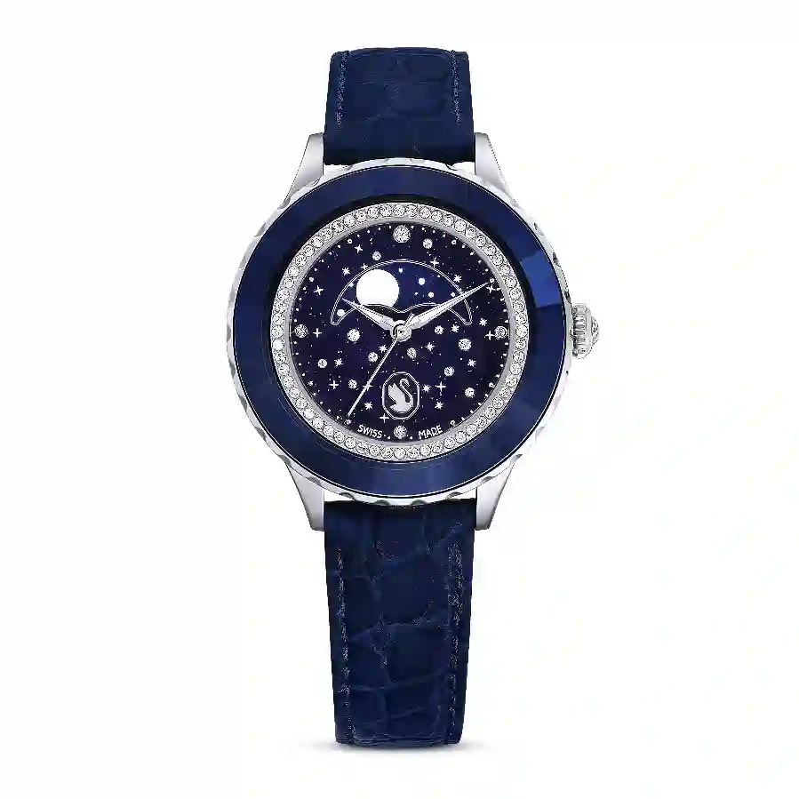 Resim Octea Moon Saat, İsviçre Üretimi, Ay, Deri kayış, Mavi, Paslanmaz çelik