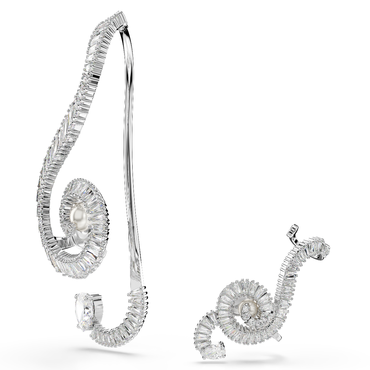 Resim Ariana Grande x Swarovski Klipsli Küpeler, Asimetrik tasarım, Kristal inci, Baget kesim, Beyaz, Rodyum kaplama