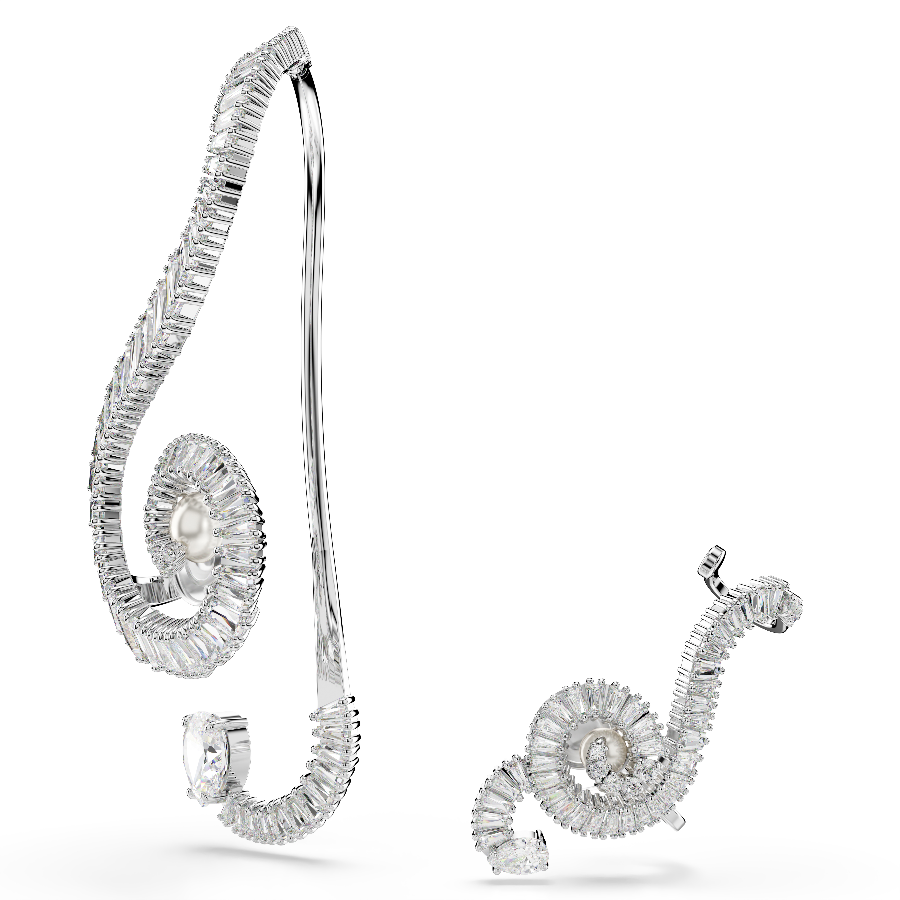 Resim Ariana Grande x Swarovski Klipsli Küpeler, Asimetrik tasarım, Kristal inci, Baget kesim, Beyaz, Rodyum kaplama