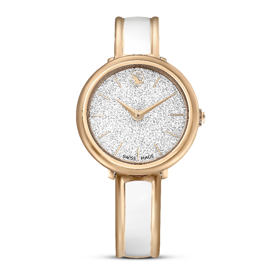 Resim Crystalline Bangle Saat, İsviçre Üretimi, Metal bileklik, Beyaz, Pembe altın rengi yüzey