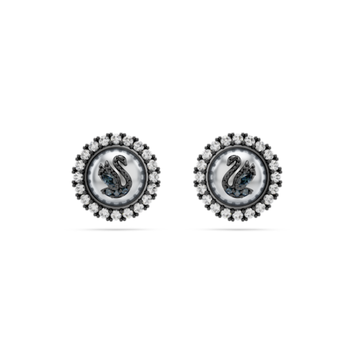 Resim Swarovski Swan düğme Küpeler, Kristal inci, Kuğu, Gri, Rutenyum kaplama