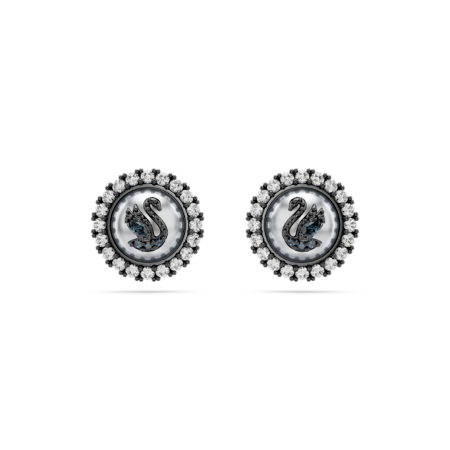 Resim Swarovski Swan düğme Küpeler, Kristal inci, Kuğu, Gri, Rutenyum kaplama