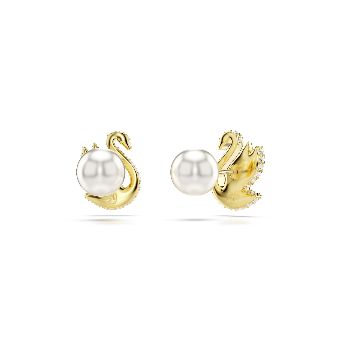 Resim Swarovski Iconic Swan düğme Küpeler, Kristal inci, Kuğu, Kırmızı, Altın rengi kaplama