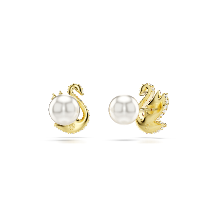 Resim Swarovski Iconic Swan düğme Küpeler, Kristal inci, Kuğu, Kırmızı, Altın rengi kaplama