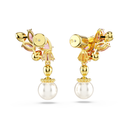 Resim Gema damla küpeler, Karışık kesimler, Kristal inciler, Çiçek, Pembe, Altın rengi kaplama