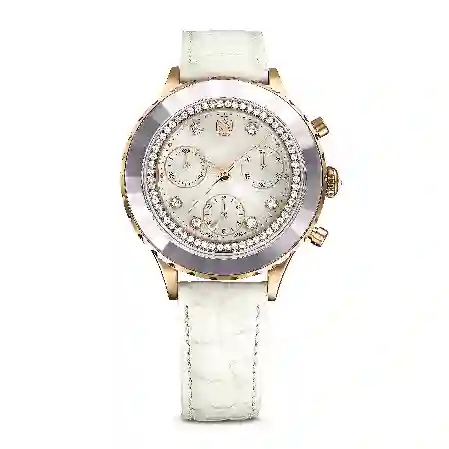 Resim Octea Chrono Saat, İsviçre Üretimi, Deri kayış, Beyaz, Pembe altın rengi yüzey