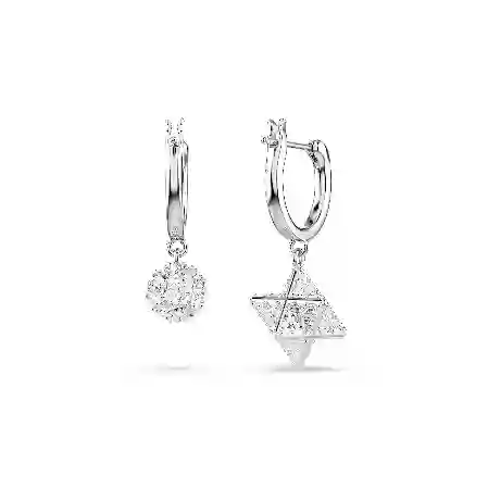 Resim Dextera damla küpeler, Asimetrik tasarım, Yuvarlak kesim, Yıldız ve küre, Beyaz, Rodyum kaplama