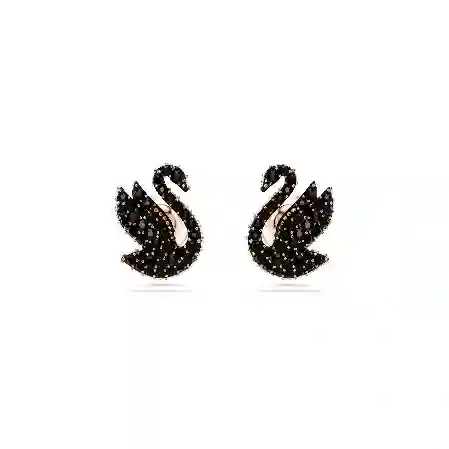 Resim Swan düğme Küpeler, Kristal inci, Kuğu, Siyah, Pembe altın rengi kaplama