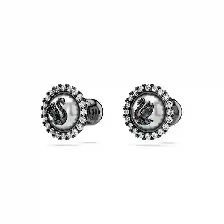 Resim Swarovski Swan düğme Küpeler, Kristal inci, Kuğu, Gri, Rutenyum kaplama